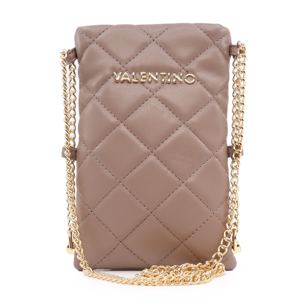 Valentino Taupe Crossbody Quilted Phone Bag with Gold Chain Strap - Like New
